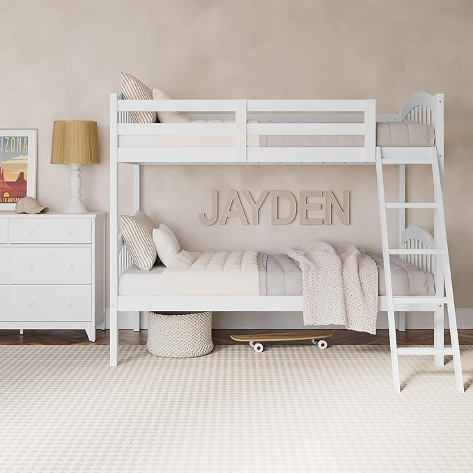 Storkcraft Long Horn Twin-Over-Twin Bunk Bed (White) - GREENGUARD Gold Certified, Converts to Two Twin Beds, Wood Bunk Bed for Kids Bedroom