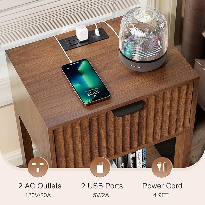 Nasonet Night Stand Set 2, Fluted Nightstand with Charging Station, Wood Bedside Table with Drawer & Storage Shelf, Modern End Tables for Bedroom Sofa Couch Office, Walnut