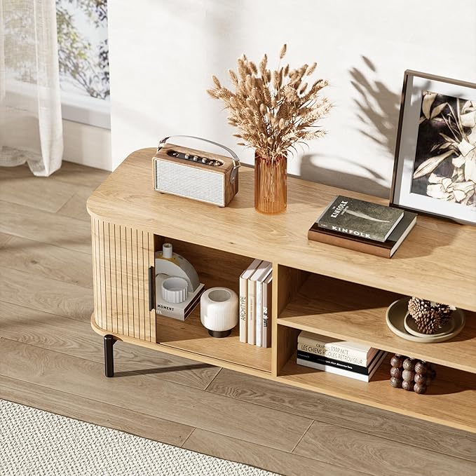 SUNCOZE 70" Mid-Century Fluted TV Stand with Storage, Modern Entertainment Center for TVs up to 80 Inch with Sliding Tambour Doors & Open Shelves, Media Console for Living Room or Bedroom, Wood