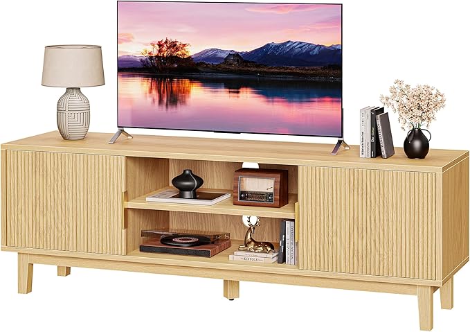 PRAISUN 54 Inch Fluted TV Stand for TVs Up to 55, 60 Inch, Mid Century Modern Entertainment Center with Storage, TV Console with Adjustable Shelves, Midea Console for Living Room Bedroom, Beige