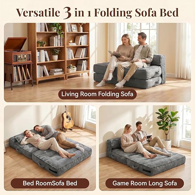 Folding Sofa Bed, Convertible Sleeper Chair with Pillow Foldable Mattress with Back Support, Portable Fold Out Chair Bed Comfy Floor Couch Lounge for Living Room Bedroom Apartment Full