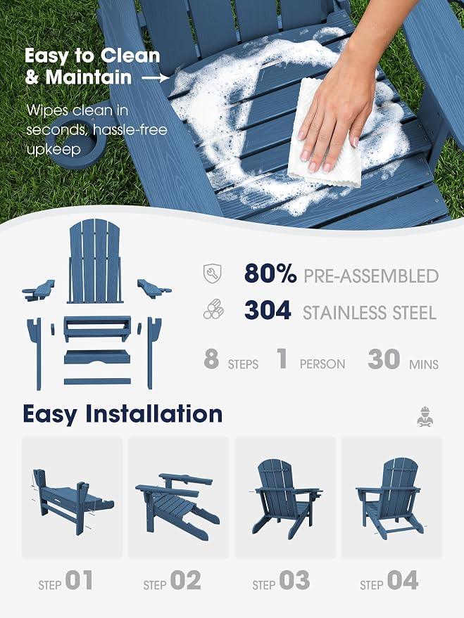 KINGYES Folding Adjustable Adirondack Chairs with Ottoman & 2 Cup Holders Set of 2, HDPE Adirondack Recliner Chair with Footrest, Blue
