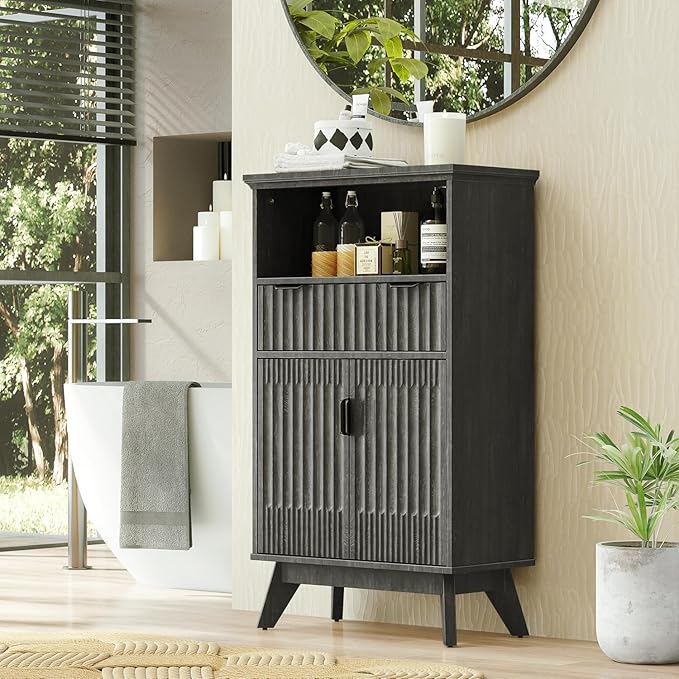 Fatmok Buffet Cabinet with Storage Set od 3, 40" Modern Fluted Coffee Bar Cabinet with Drawer & Open Shelf, Wood Buffet Sideboard Console Table for Entryway, Kitchen, Living Room (Black)