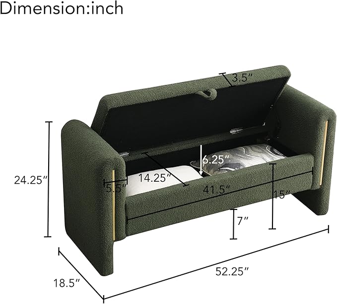 Christopher Knight Home Upholstered Storage Ottoman, Teddy Fabric Bench with Solid Wood Legs, Comfortable Foot Rest Stool, Storage Bench for Bedroom End of Bed, Living Room, Dining Room, Green