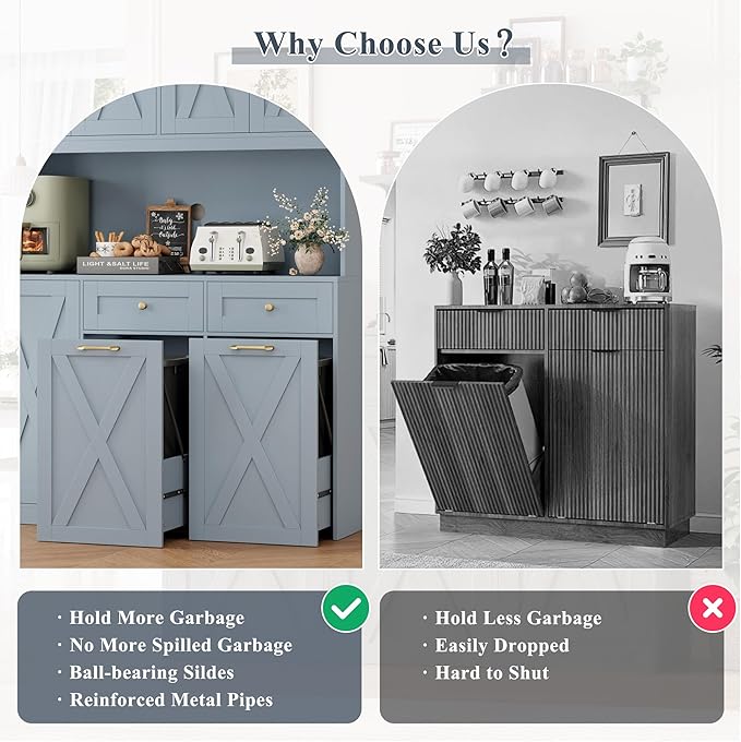 HOSTACK 71"H Kitchen Trash Can Cabinet, 12.5 Gallon Double Pull Out Garbage Can Hutch Cabinet with Trash Bin Storage Holders, 47" Wide Kitchen Pantry with Hidden Garbage Storage for Dining Room, Blue