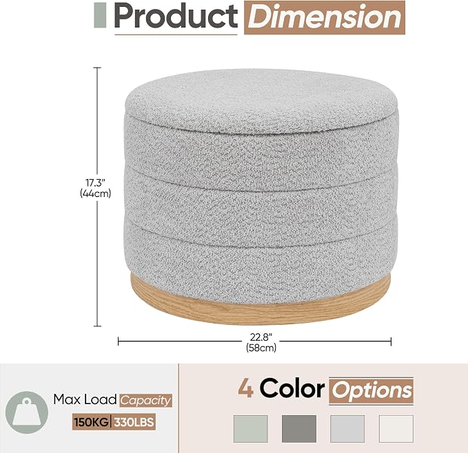 Round Storage Ottoman with Tray Lid, Folding Chenille Fabric Footrest with Hidden Storage, 22.8" Large Footstool Side Table for Dorm Living Room Bedroom, Wood Grain Base, Sliver Grey