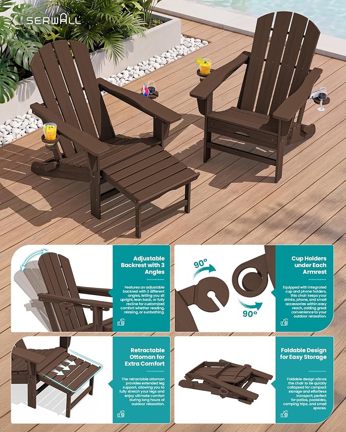 SERWALL Folding Adjustable Adirondack Chair with Footrest, HDPE Outdoor Chair with Dual Cup Holders, All Weather Adirondack Chair with Ottoman, Coffee