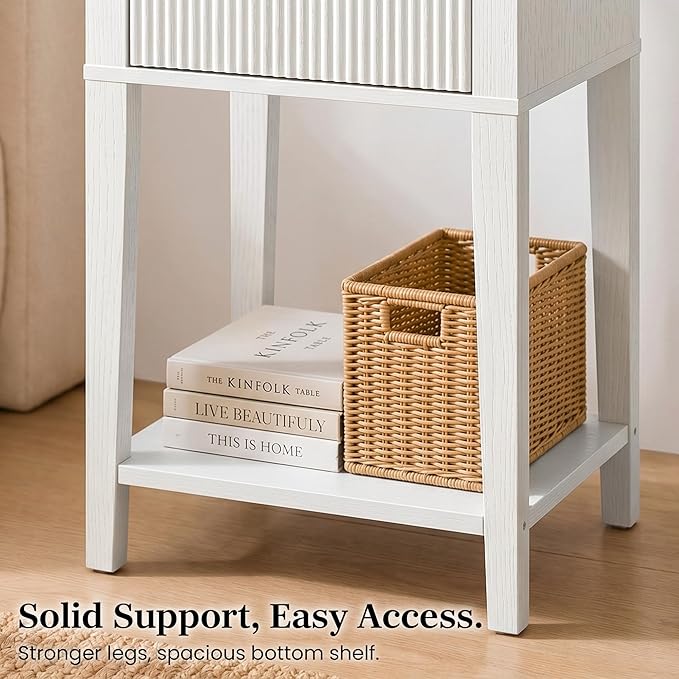 Modern Fluted Small Wood Nightstand, 11.8" Deep x 15.4" Narrow Bedside Table with Drawer & Open Shelf, Farmhouse Chic Accent Side Table for Bedroom & Sofa - White