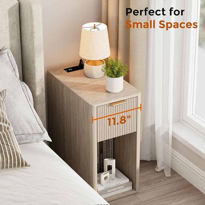 Homleke Narrow End Table with Fluted Drawer and Charging Station, Small Nightstand with USB Ports & Outlets, Bedside Table for Bedroom or Living Room, Modern Accent Table, Light Gray Oak