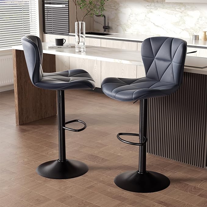 Nalupatio Modern Bar Stools Set of 2, Adjustable Faux Leather Upholstered Swivel Bar Stools, Counter Height Bar Chairs with Back for Kitchen Island, Dark Grey