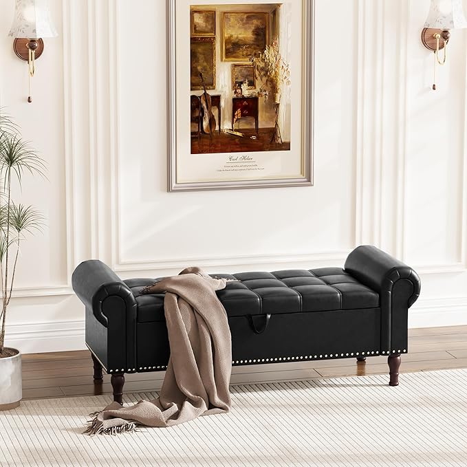 Apicizon 51” Bench with Storage, Queen Size Faux Leather End of Bed Bench with Tufted Button, Ottoman Bench with Rolled Arms & Vintage Rivets for Foot of Bed, Living Room, Entrance, Black