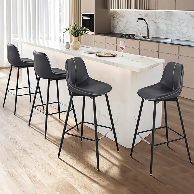 VASAGLE Bar Stools Set of 4, Bar Height Bar Stools with Back, Ergonomic Backrest, Synthetic Leather, Metal Legs, 28.5-Inch Tall Barstools for Kitchen Island Home Bar, Easy Assembly, Ink Black