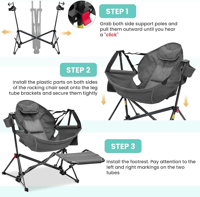 Ainfox Hammock Camping Chair with Footrest, Foldable Portable Rocking Chairs for Adults Outside Swinging Camp with Cup Holder Pillow for Outdoor Patio Poolside (Light Grey)