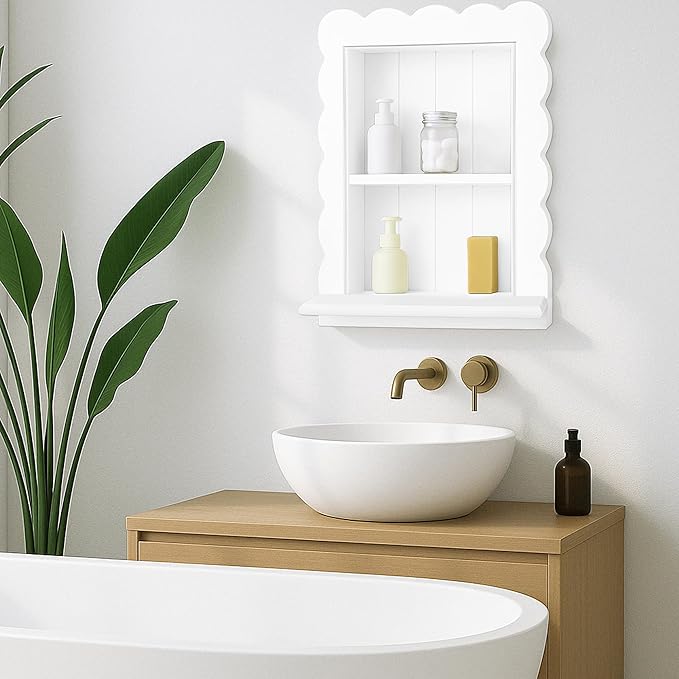 Royxen 14"x18" Recessed Medicine Cabinet, 2-Tier Wooden Bathroom Wall Cabinets Without Mirror,Scalloped Large Medicine Cabinet Niche for Bathroom Storage Organizer,White