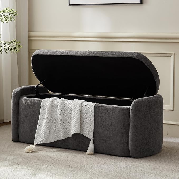 VKNOW 46" Oval Storage Ottoman Bench, Upholstered End of Bed Bench Ottomans Bench Foot Rest, Sherpa Storage Bench for Bedroom, Living Room and Hallway, Dark Grey