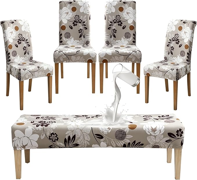 FORCHEER Dining Room Chair and Bench Covers Set of 4 Waterproof Stretch Floral 4 Parson Chair with 1 Bench Slipcovers Washable（Printed Color 22）