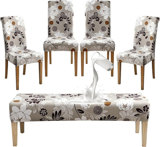 FORCHEER Dining Room Chair and Bench Covers Set of 4 Waterproof Stretch Floral 4 Parson Chair with 1 Bench Slipcovers Washable（Printed Color 22）