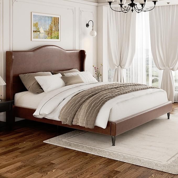 King Upholstered Bed Frame with Tall Headboard, Leather Platform Bed with Wingback Sides, Wood Slats Support, Noise-Free Design, No Box Spring Required, Easy Assembly, Dark Brown