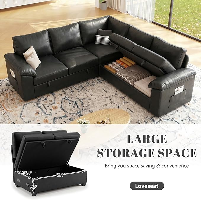 85 Inch Faux Leather Modular Sectional Sofa with Pull Out Bed, L Shaped 5 Seat Sectional Sleeper Sofa with Storage, Sectional Couches for Living Room, Cloud Modular Couch,Black Leather