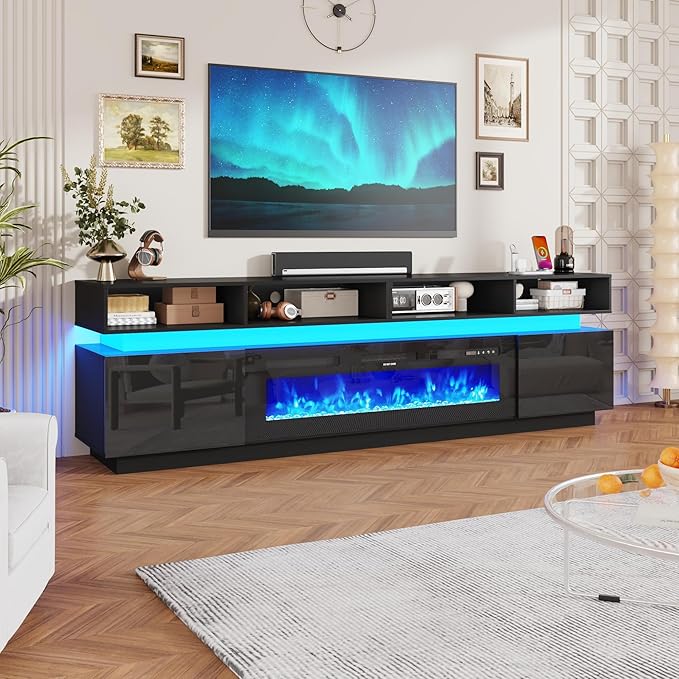 chartustriable Fireplace TV Stand for 100" TV, 93" LED Entertainment Center with 50" Fireplace & Power Outlets, High Gloss TV Stand, Gaming TV Media Console for Living Room, 93 Inch, Black