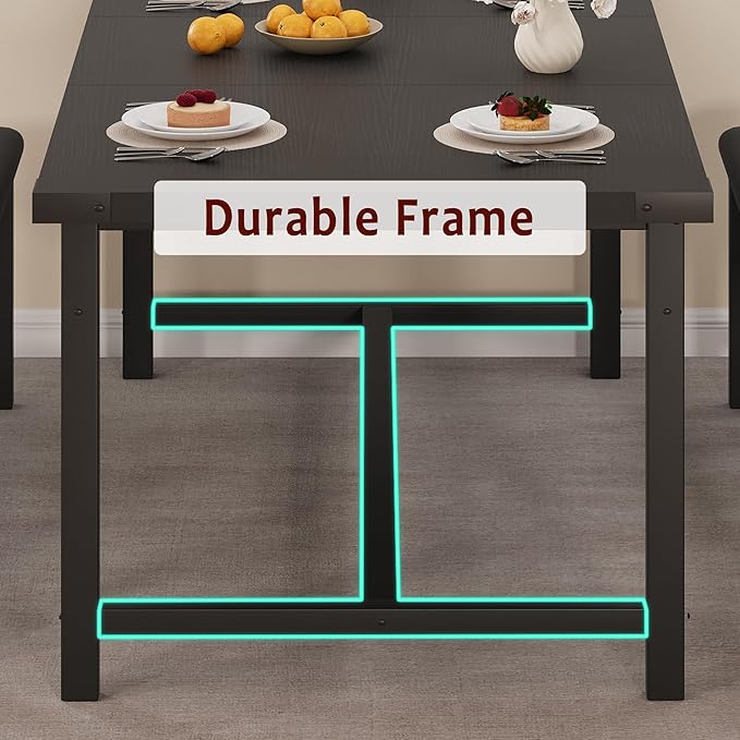 IDEALHOUSE 3 Piece Dining Table Set for 4-6, 63" Extendable Thick Metal Frame Kitchen Table with 2 Upholstered Benches Set for 6, Rectangle Wooden Dinette Table Set for Dining, Apartment, Retro Black