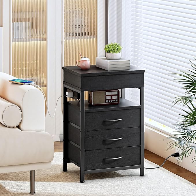 HOOBRO Nightstand with Charging Station, Bedside Table with Fabric Drawers, End Table with Lockable Hidden Compartment, 2 AC Outlets, 1 USB-A, 1 Type-C, for Bedroom, Black BB143UBZ01