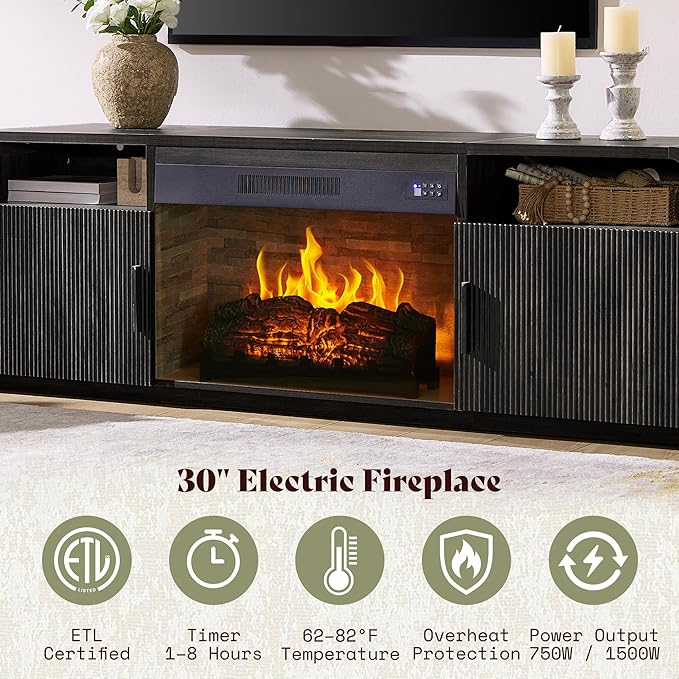 AMERLIFE 70" Fluted Fireplace TV Stand for TVs Up to 80", Modern TV Console with 30" Electric Fireplace & Storage Cabinets, Media Entertainment Center for Living Room, Black
