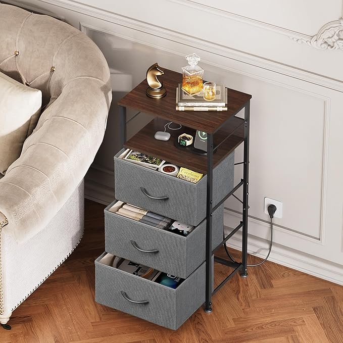 WLIVE Nightstand with Charging Station, 31.9" H Nightstand with 3 Fabric Drawers, LED Bedside Table with USB Ports and Outlets, End Table for Bedroom, Dorm, Entryway, Dark Grey
