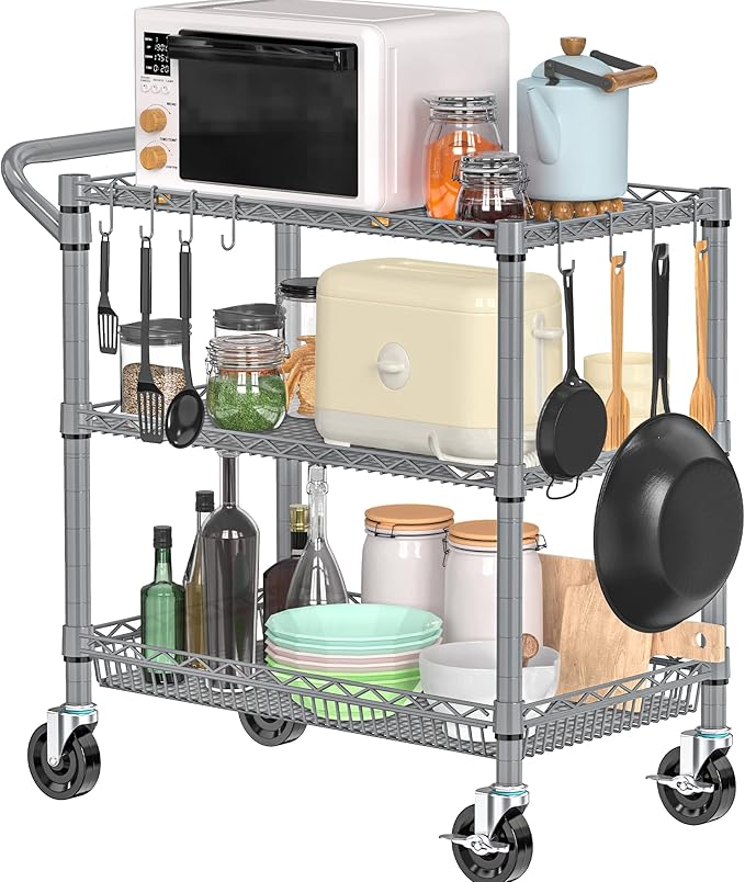 Folews Heavy Duty Rolling Cart with Wheels, 990LBS 3-Tier Metal Utility Cart, NSF Rolling Storage Organizer Adjustable Shelves & Basket, Lockable Casters, Commercial Storage Trolley, Gray