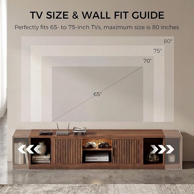 IRONCK TV Stand for 55-80 Inches TVs, 63"-84.6" Adjustable Length, Extendable Corner Entertainment Center with Storage Cabinets, Fluted Doors Modern Media Console, Ideal for Living Room, Walnut