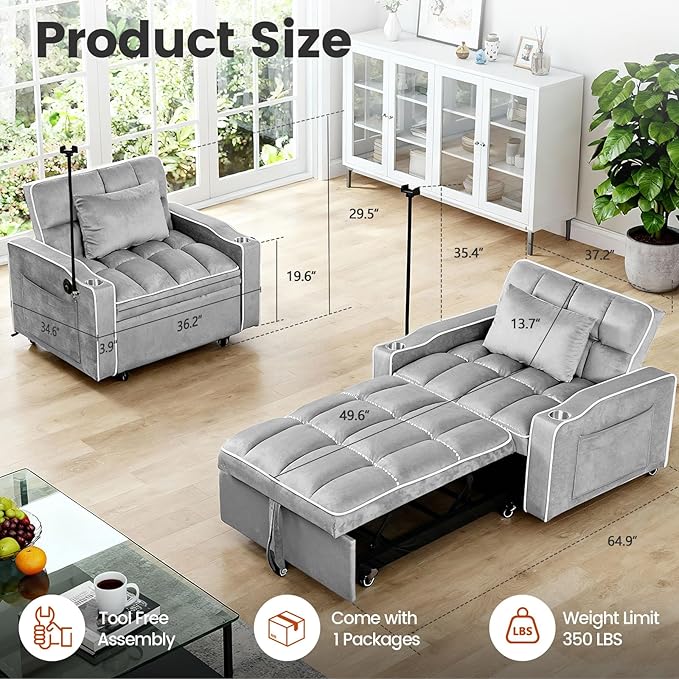 Sleeper Chair, Convertible Pull Out Chair Sleeper with Bracket and Cup Holder, Chairs Bed Sleepers with USB Ports for Adults, 3 in 1 Single Sofa Bed for Small Spaces, Living Room, Gray