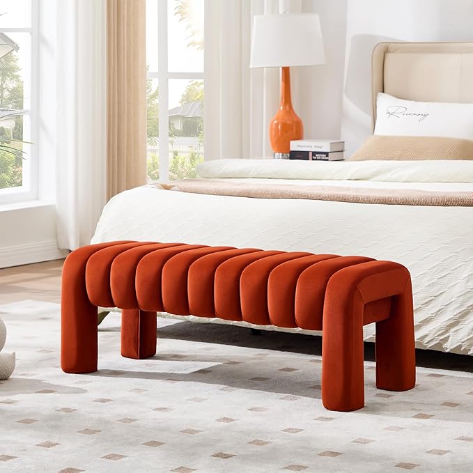 43.3" Bedroom Bench, Upholstered Entryway Bench, Modern End of Bed Ottoman with Solid Wood Legs and Adjustable Foot Pegs for Entryway, Dining Room and Living Room (Rust Velvet)