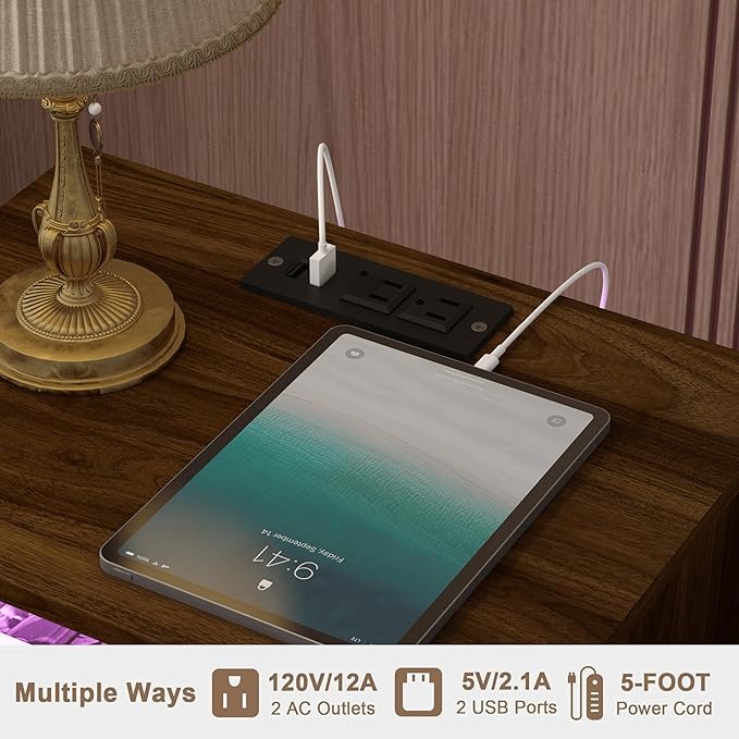 JOONEE Nightstand with Outlet and Led Light, Bedside Table with Storage Drawer, Fluted Side Table for Living Room, Bedroom