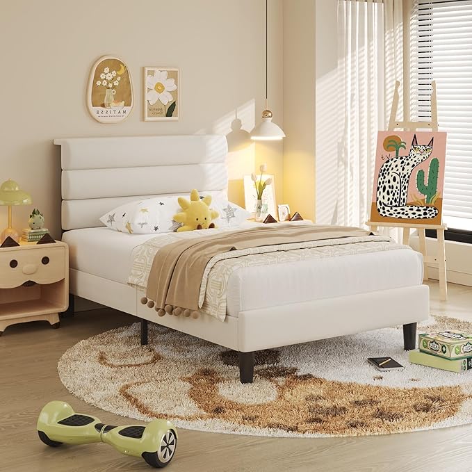 Fluest Twin Bed Frame, Platform Bed Frame with Velvet Upholstered Headboard, No Box Spring Needed, Sturdy Metal Support, Noise Free, Easy Assembly, Modern Bedroom Furniture, Beige