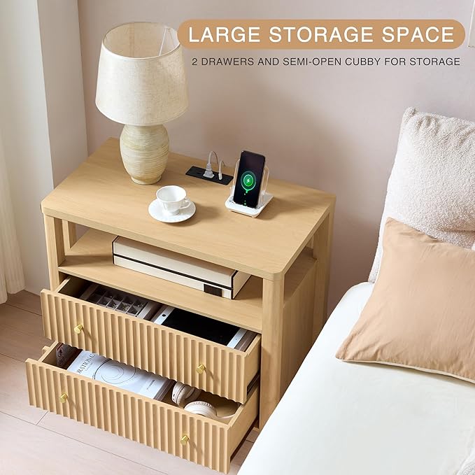 Fluted Nightstand with Charging Station Set of 2, 27.3" Wide Modern Bedside Table with 2 Drawers & Open Shelf, Large Wood End Table with Storage & Metal Handle for Bedroom, Living Room, Natural Wood