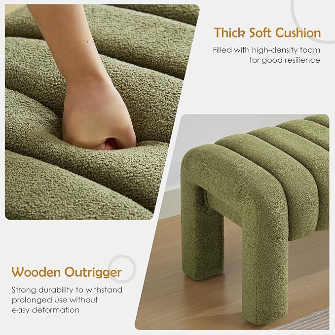 63” Dining Room Bench, Green Tufted Upholstered End of Bed Bench, Modern Entryway Ottoman Window Seat with Solid Wood Legs and Padded Seat for Bedroom, Hallway and Living Room (Boucle)