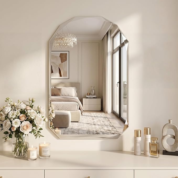 Suidia Bathroom Mirror, 26"x 38" Wall Mirror, Frameless Bathroom Mirror with Beveled Edge for Bedroom, Living Room, Entryway, Hallway, Arched Shape