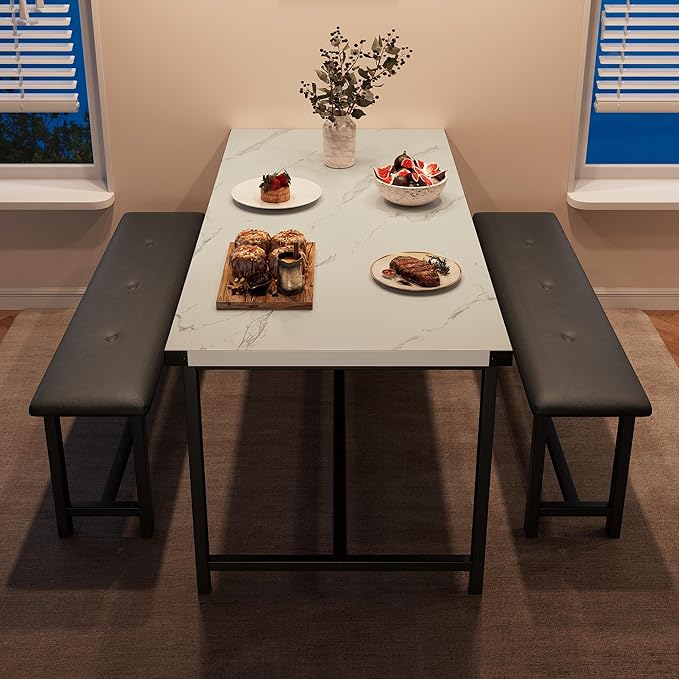 GarveeHome Dining Table Set for 4, Kitchen Table with 2 Upholstered Benches, Wood Kitchen Dining Room Set, for Small Space, Apartment, Home, Dinner, Marble White