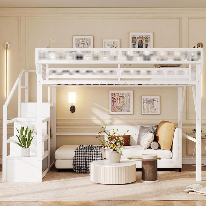 Mirightone Queen Size Loft Bed with Stairs and Storage, Metal Loft Bed Frame with Bedside Shelf and Large Under-Bed Space, Heavy-Duty Loft Beds for Adults Teens and Kids, Convertible Staircase, White