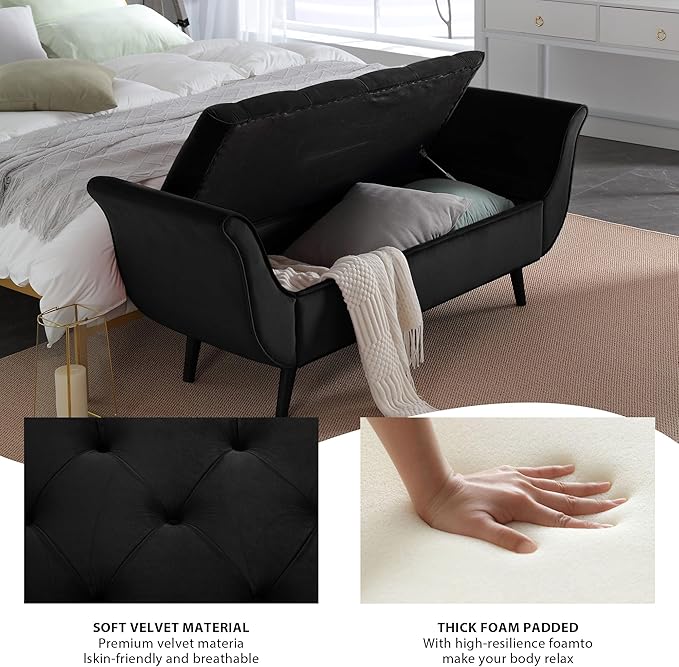 Storage Bench for Bedroom End of Bed, 65" Velvet Upholstered Rolled Armed Button Tufted Stool Bench, Storage Ottoman Long Bench with with 2 Pillows for Entryway (Black)
