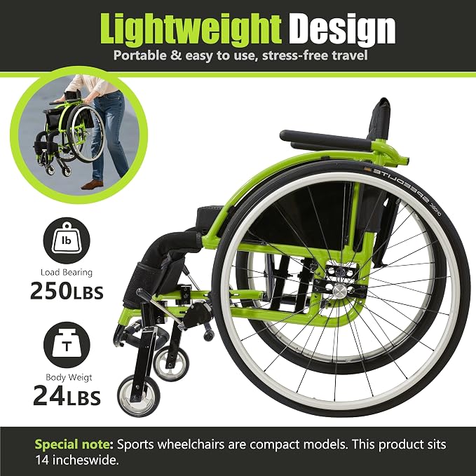 14" W x 14" D Seat Ultra-Light 24 lbs Aluminum Wheelchair for Adults, Foldable & Portable with 24" Quick-Release Wheels - 250 lbs Capacity Sport & Travel Chair(Green)