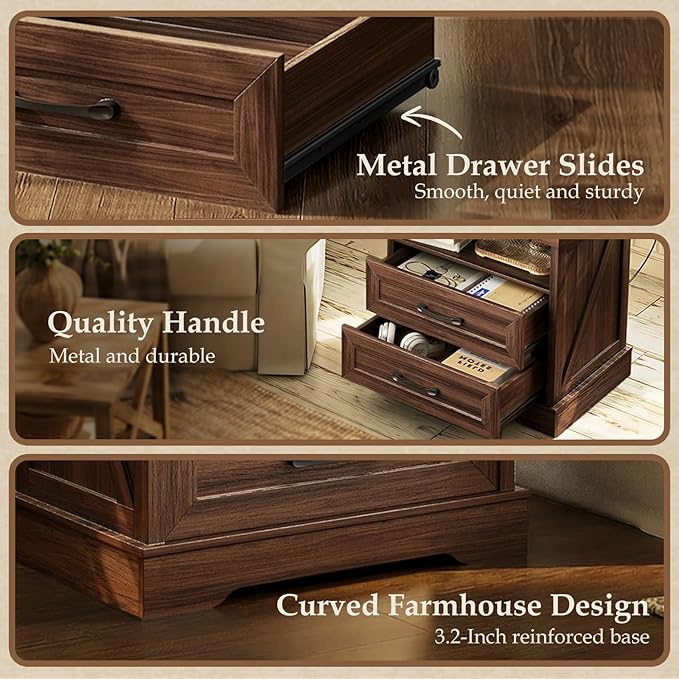 AODK 24 Inch Farmhouse Nightstand with Charging Station, Wood Bedside Table with 2 Drawers, Rustic Wood End Table with Outlet and USB for Bedroom, Dark Walnut