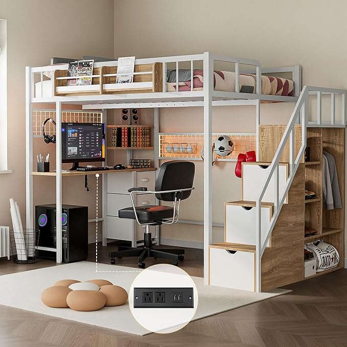 Kikihouse Full Size Loft Bed with Desk and Stairs, Headboard, Wardrobe, Bedside Storage Shelf, 6 Drawers, Charging Station & LED Light, Metal Gaming Loft Bed Frame for Adult Space-Saving