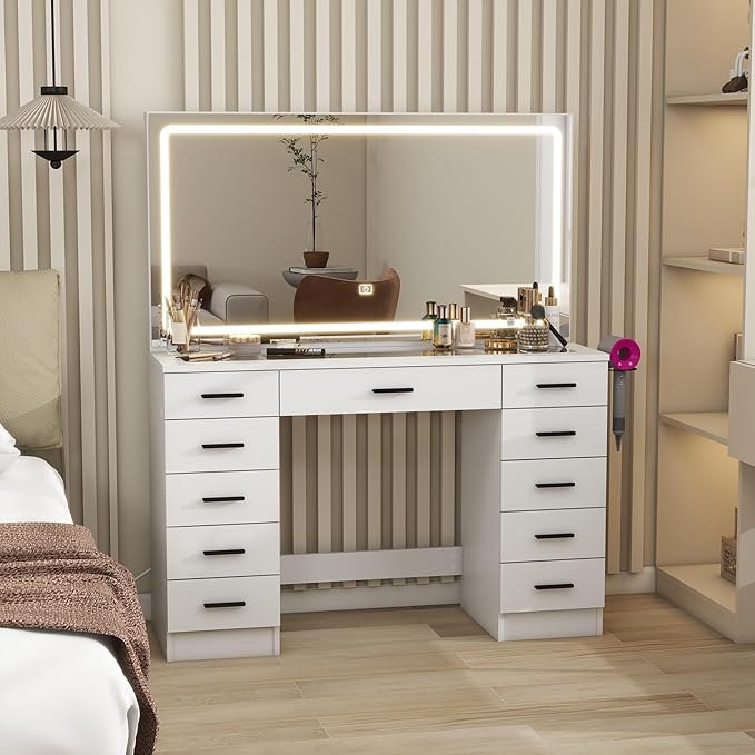 Panana Vanity Desk with 11 Drawers, Glass Top Makeup Table with Mirror and LED Lights Vanity with Stool 3 Lighting Modes Brightness Adjustable Dressing Table with Power Outlet (White)