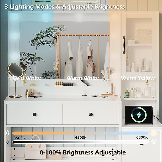 Makeup Vanity with Lights & Charging Station, White Vanity Table with 5 Drawers & Open Storage Shelves, Vanity Desk with Mirror & Lights, Dressing Table Set, Bedroom Makeup Table Set Black Handle