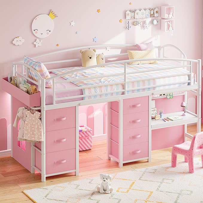 Twin Low Loft Bed with Desk, 7 Storage Drawers & LED Lights, Kids Metal Loft Bed with 12" H Safety Guardrail, Underbed Play Space & Curtain, Anti-Collision Pad (Pink)