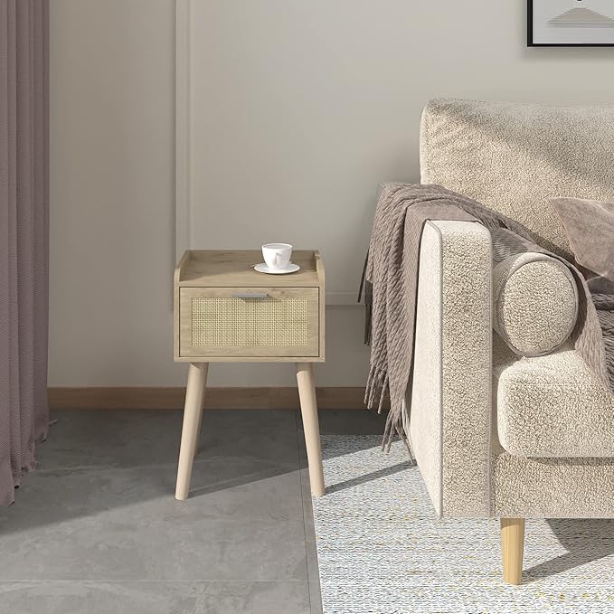 LAATOOREE Nightstand Set of 2, Small Bedside Table, End Table with Rattan Door, Boho Side Table with Solid Wood Legs for Bedroom Living Room Small Space