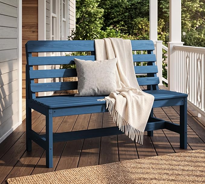 SERWALL Outdoor Bench, All Weather HDPE Outdoor Benches, 2-Person Armless Porch Bench with 600 lbs Weight Capacity, Patio Benches for Outdoors, Porch, Park and Dining, Navy