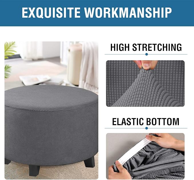 H.VERSAILTEX Ottoman Cover Stretch Ottoman Slipcover Round Ottoman Storage Cover Folding Stool Covers Furniture Protector Cover for Footrest Ottoman Fit Dia 20" - 23", Gray