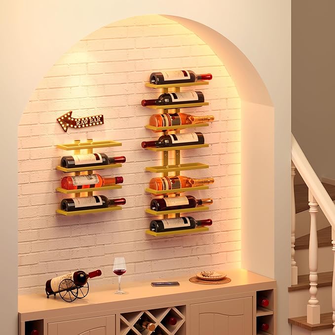 Hoctieon 2-Set 8 Tier Wall Mount Wine Rack (16 Tiers), Wall Racks for Wine Bottles Display and Storage, Hanging Bottle Organizer for Living Room, Dining Room, Wine Cellar, Bar, Gold